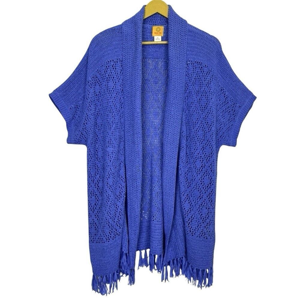 Ruby Rd Open Knit Crochet Cardigan Size 3X Open Kimono Fringe Boho Hippie Beachy